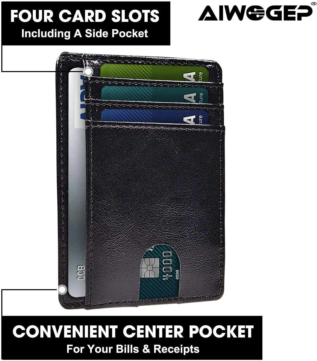 AIWOGEP Men's wallet, ultra-thin leather wallet, portable 8 card holder, simple slim wallet, gift for men/women, with gift box (Oil wax pattern)