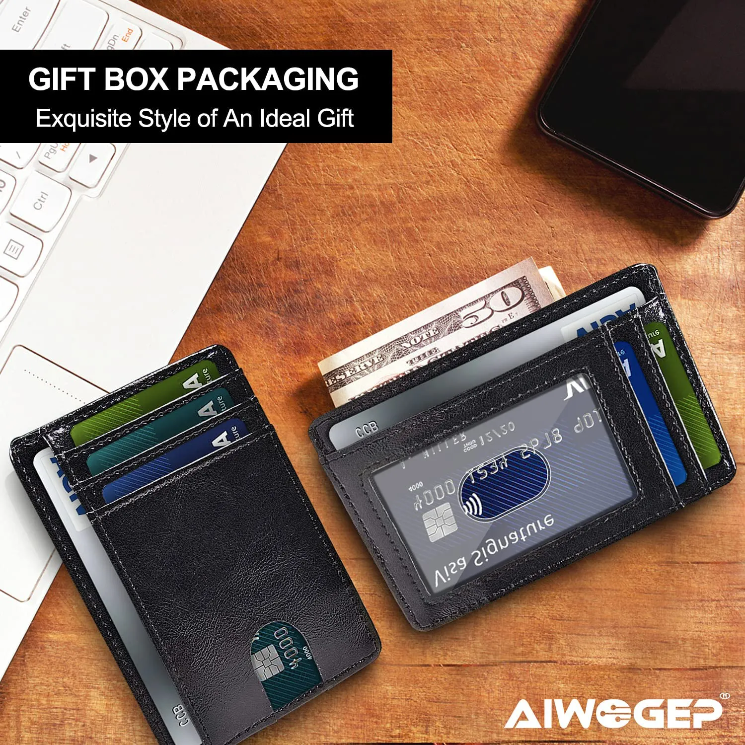 AIWOGEP Men's wallet, ultra-thin leather wallet, portable 8 card holder, simple slim wallet, gift for men/women, with gift box (Oil wax pattern)