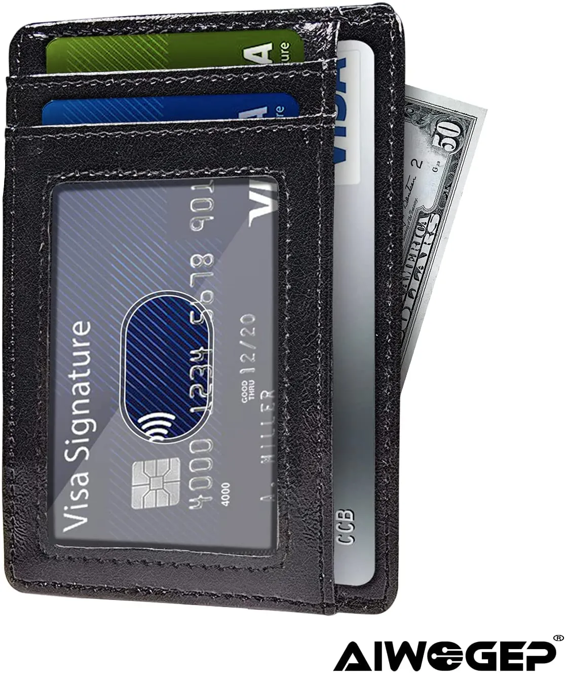 AIWOGEP Men's wallet, ultra-thin leather wallet, portable 8 card holder, simple slim wallet, gift for men/women, with gift box (Oil wax pattern)