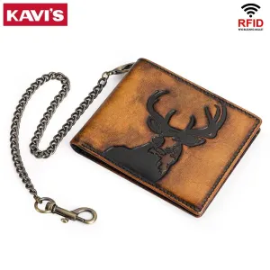 Durable Genuine Leather Men's Wallet With ID Window and Multiple Card Slots RFID Biker Fashion Money Bag With Iron Chain