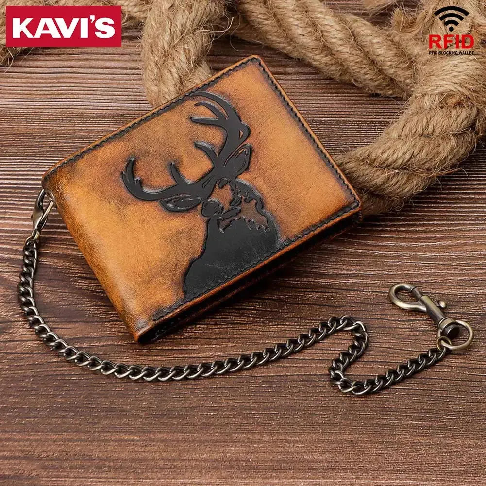 Durable Genuine Leather Men's Wallet With ID Window and Multiple Card Slots RFID Biker Fashion Money Bag With Iron Chain
