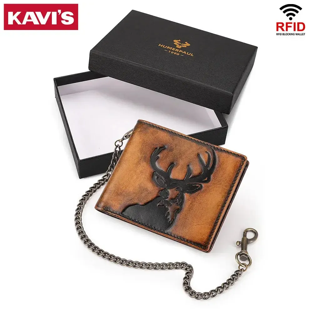 Durable Genuine Leather Men's Wallet With ID Window and Multiple Card Slots RFID Biker Fashion Money Bag With Iron Chain