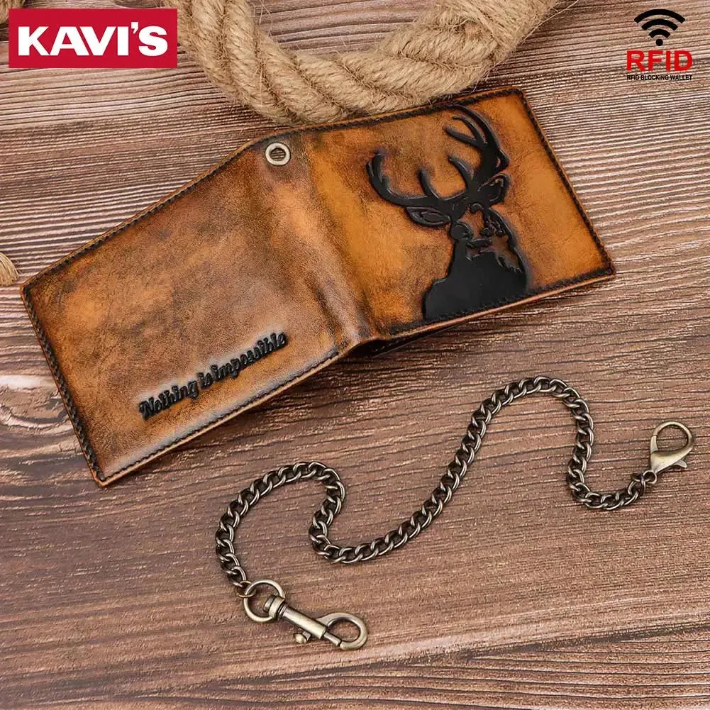 Durable Genuine Leather Men's Wallet With ID Window and Multiple Card Slots RFID Biker Fashion Money Bag With Iron Chain