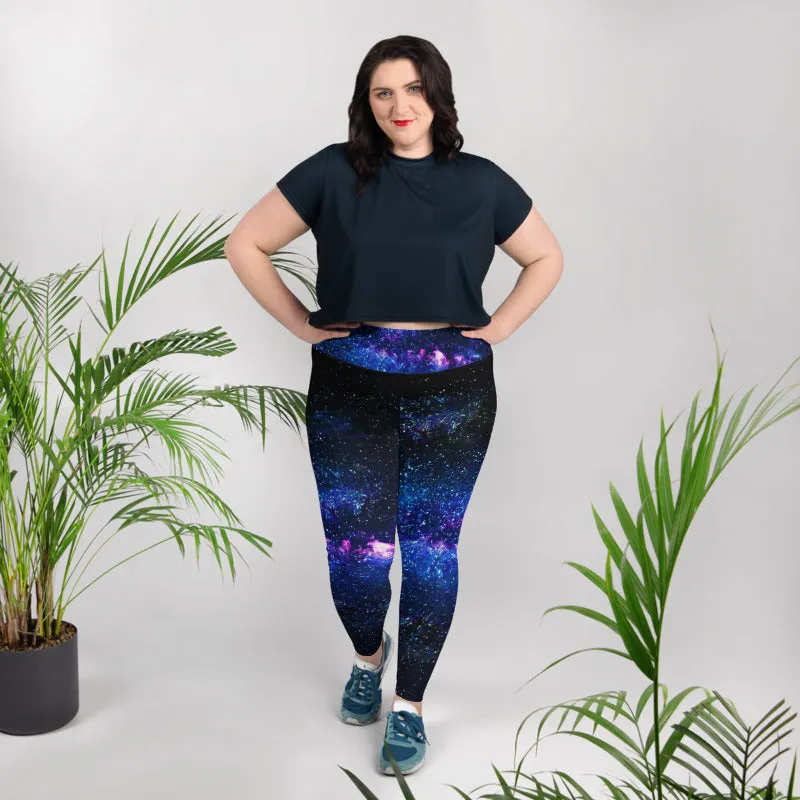 Galaxy Plus Size Leggings, Space Women's Designer Plus Size Long Tights- Made in USA/ EU