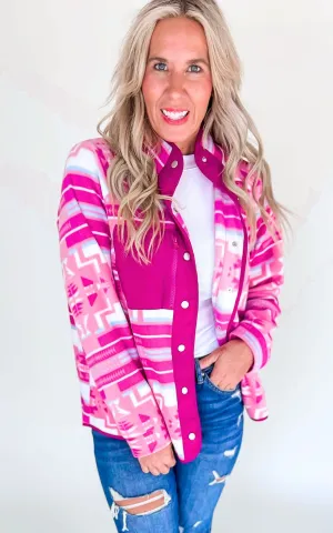 Hot Pink Aztec Fleece Snap Up Outdoor Jacket