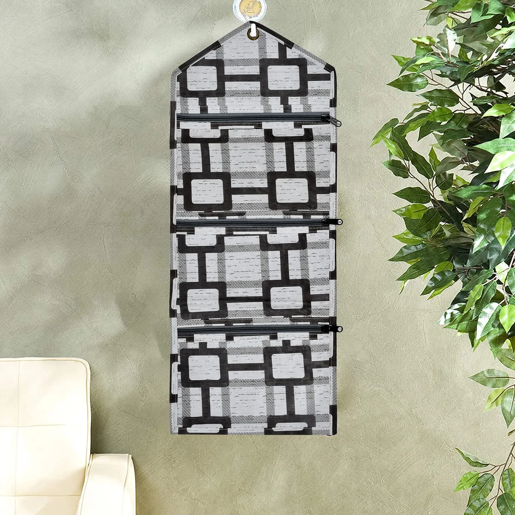 Kuber Industries Square Printed 3 Pockets Wall Hanging Storage Organizer, Magazine/Letter Holder, Stationary Organizer (Grey)-HS43KUBMART25746, polyvinyl_chloride