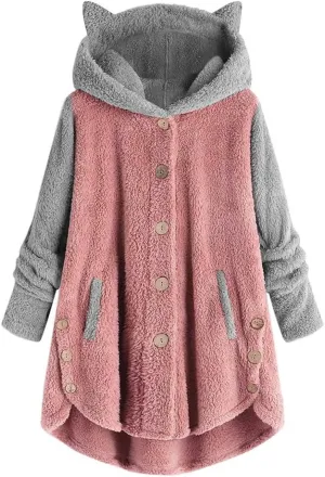 maisdgop Womens Sherpa Jacket Cute Cat Ear Fleece Hooded Sweatshirt Color Block Warm Winter Oversized Outerwear with Pockets
