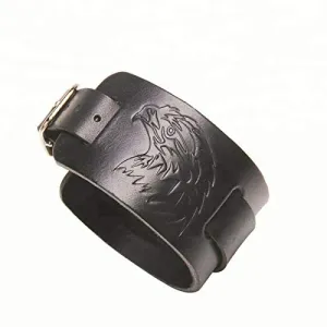 Marshal Viking Bracelet Falcon Odin's Raven Wristband of Norse Mythology Amulet Black Brown Wide Bangle of Goth Style (Black)