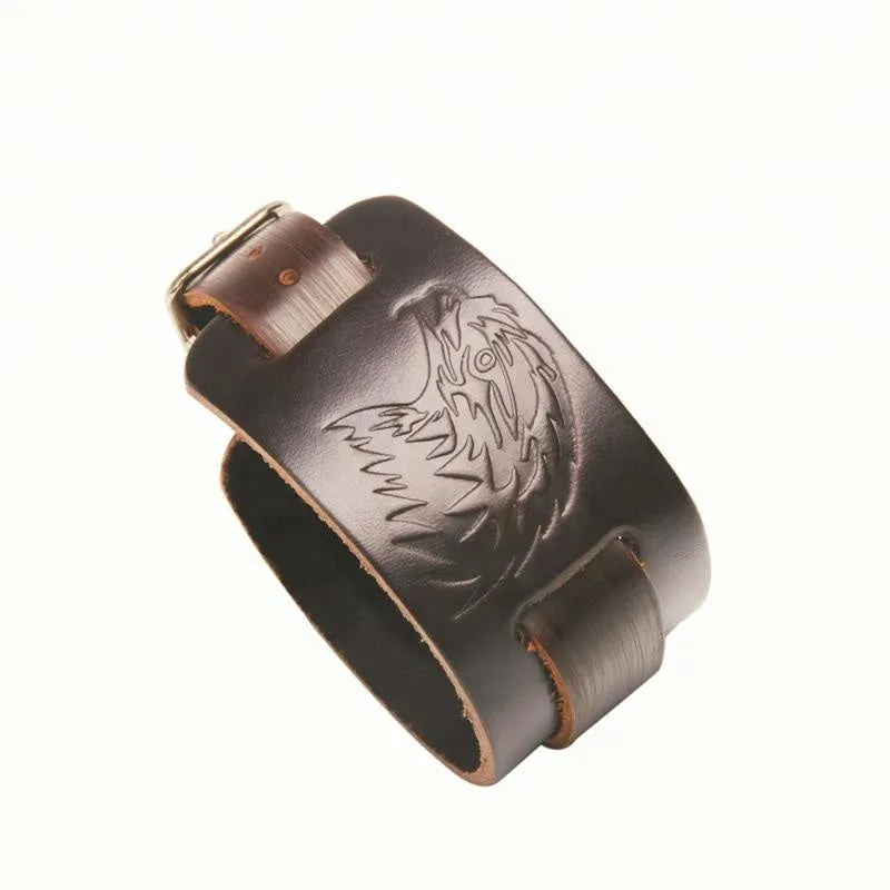 Marshal Viking Bracelet Falcon Odin's Raven Wristband of Norse Mythology Amulet Black Brown Wide Bangle of Goth Style (Black)
