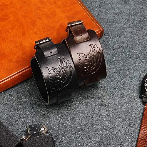 Marshal Viking Bracelet Falcon Odin's Raven Wristband of Norse Mythology Amulet Black Brown Wide Bangle of Goth Style (Black)