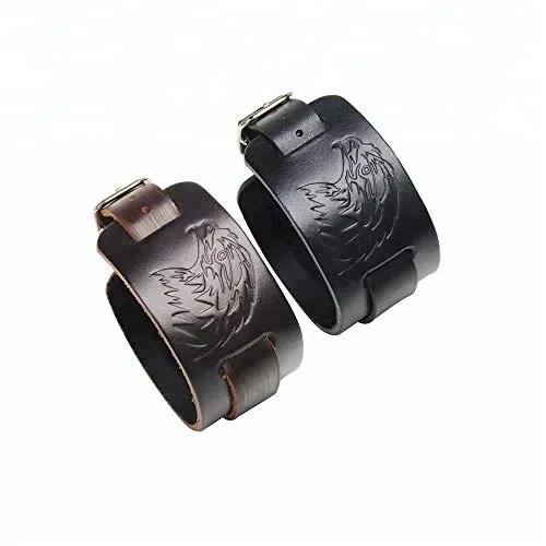 Marshal Viking Bracelet Falcon Odin's Raven Wristband of Norse Mythology Amulet Black Brown Wide Bangle of Goth Style (Black)