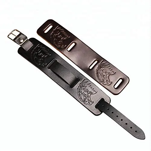 Marshal Viking Bracelet Falcon Odin's Raven Wristband of Norse Mythology Amulet Black Brown Wide Bangle of Goth Style (Black)