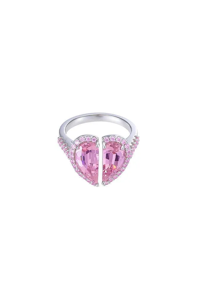 Pink Stone White Gold Deconstruction Bisected Heart Ring