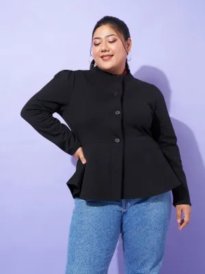 Women Black Fleece Button Peplum Jacket