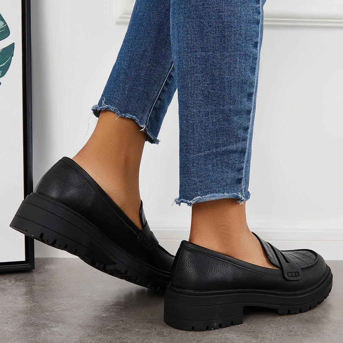 Women Slip on Platform Loafers Round Toe Work Shoes