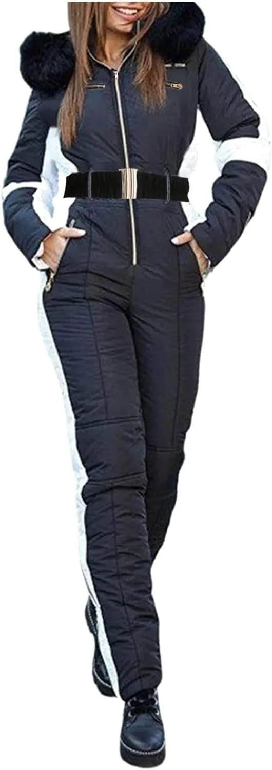 Women Winter One Piece Ski Suits Outdoor Sports Snowsuit Fur Collar Coat Jumpsuit with Hoodies Ski Jackets and Pants