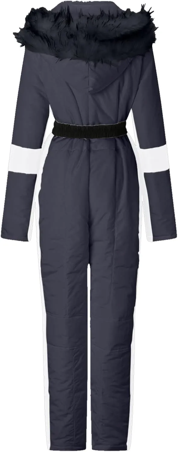 Women Winter One Piece Ski Suits Outdoor Sports Snowsuit Fur Collar Coat Jumpsuit with Hoodies Ski Jackets and Pants